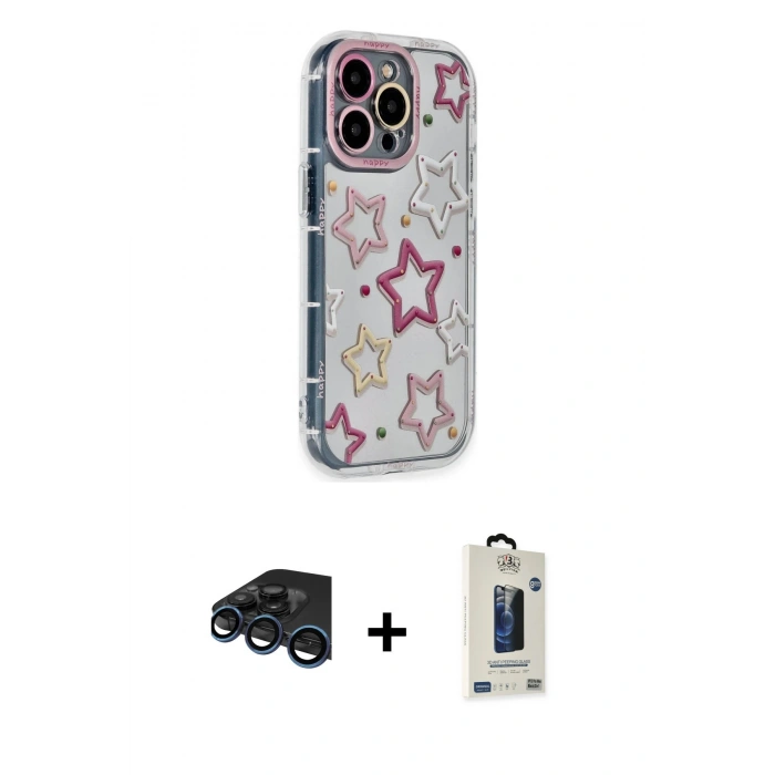 MARSİLYAN™- iPhone 15 Pro Max Kılıf Ahenk Modern Serisi - Siyah Bilvis Hayalet Cam Ekran Koruyucu + Raze Metal Kamera Lens - LT