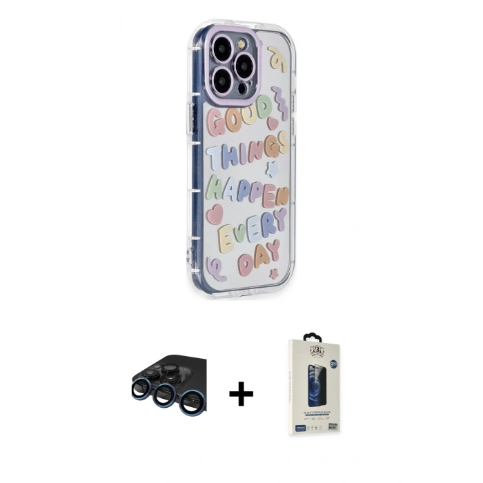 MARSİLYAN™- iPhone 15 Pro Max Kılıf Ahenk Modern Serisi - Siyah Bilvis Hayalet Cam Ekran Koruyucu + Raze Metal Kamera Lens - LT