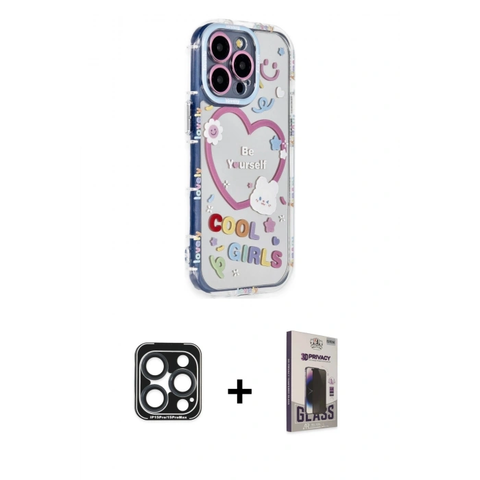 MARSİLYAN™- iPhone 15 Pro Max Kılıf Ahenk Modern Serisi - Siyah Bilvis Hayalet Cam Ekran Koruyucu + PVD Metal Kamera Lens - LT