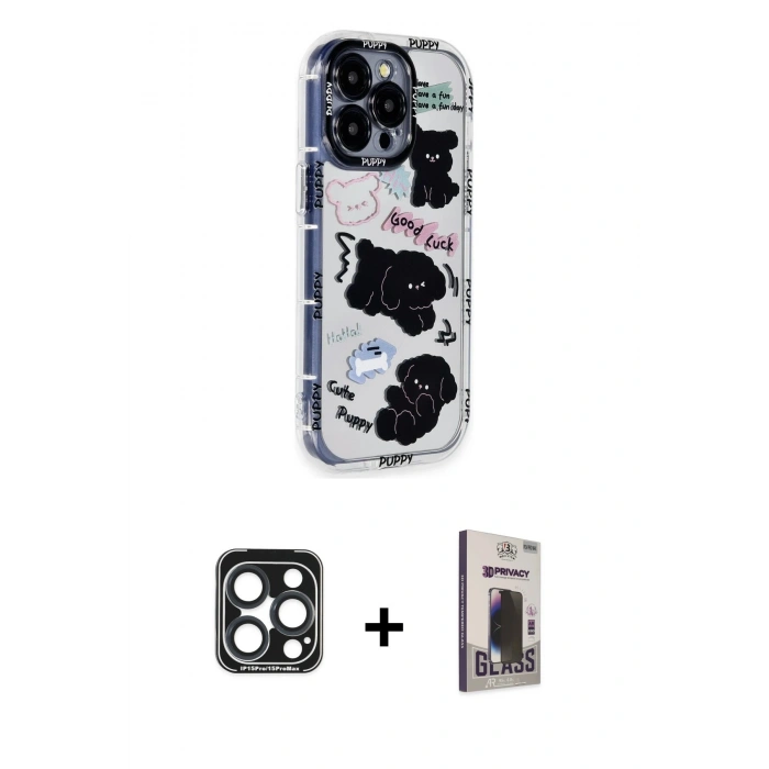 MARSİLYAN™- iPhone 15 Pro Max Kılıf Ahenk Modern Serisi - Siyah Bilvis Hayalet Cam Ekran Koruyucu + PVD Metal Kamera Lens - LT