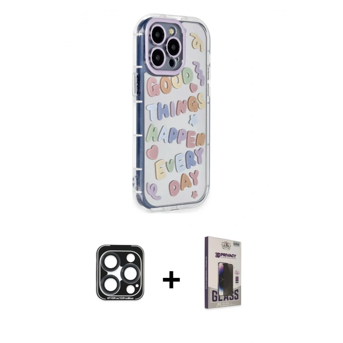 MARSİLYAN™- iPhone 15 Pro Max Kılıf Ahenk Modern Serisi - Siyah Bilvis Hayalet Cam Ekran Koruyucu + PVD Metal Kamera Lens - LT