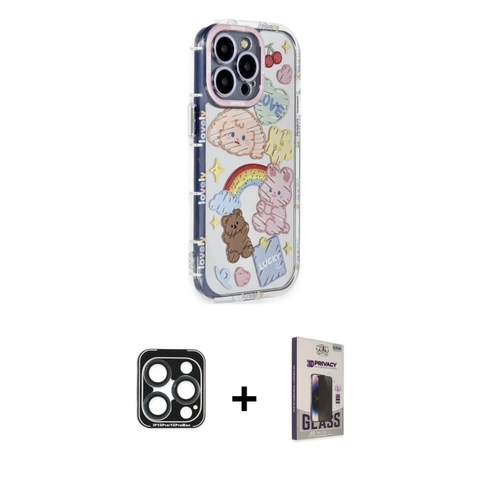 MARSİLYAN™- iPhone 15 Pro Max Kılıf Ahenk Modern Serisi - Siyah Bilvis Hayalet Cam Ekran Koruyucu + PVD Metal Kamera Lens - LT
