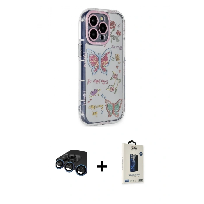 MARSİLYAN™- iPhone 15 Pro Max Kılıf Ahenk Modern Serisi - Siyah Bilvis Hayalet Cam Ekran Koruyucu + Raze Metal Kamera Lens - LT