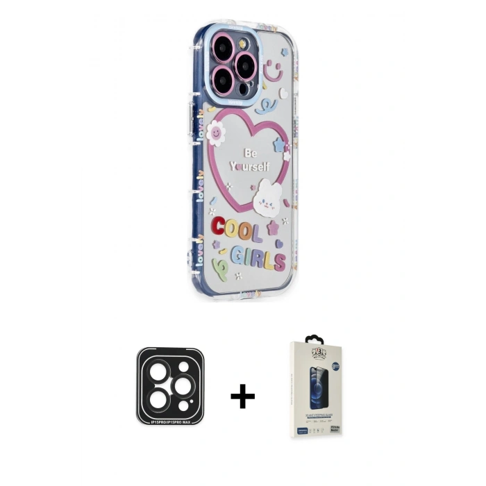 MARSİLYAN™- iPhone 15 Pro Max Kılıf Ahenk Modern Serisi - Siyah Bilvis Hayalet Cam Ekran Koruyucu + PVD Metal Kamera Lens - SH