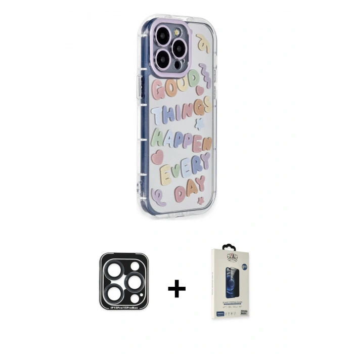 MARSİLYAN™- iPhone 15 Pro Max Kılıf Ahenk Modern Serisi - Siyah Bilvis Hayalet Cam Ekran Koruyucu + PVD Metal Kamera Lens - LT