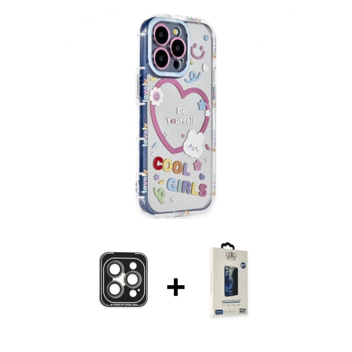 MARSİLYAN™- iPhone 15 Pro Max Kılıf Ahenk Modern Serisi - Siyah Bilvis Hayalet Cam Ekran Koruyucu + PVD Metal Kamera Lens - GI