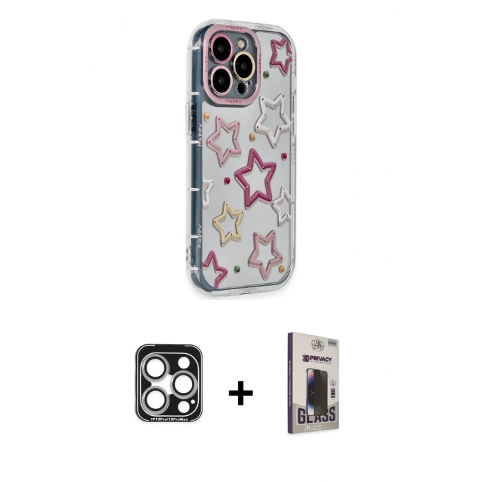 MARSİLYAN™- iPhone 15 Pro Max Kılıf Ahenk Modern Serisi - Siyah Bilvis Hayalet Cam Ekran Koruyucu + PVD Metal Kamera Lens - GS