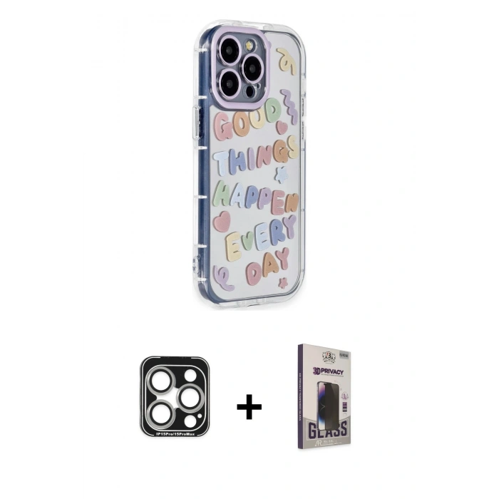 MARSİLYAN™- iPhone 15 Pro Max Kılıf Ahenk Modern Serisi - Siyah Bilvis Hayalet Cam Ekran Koruyucu + PVD Metal Kamera Lens - GS