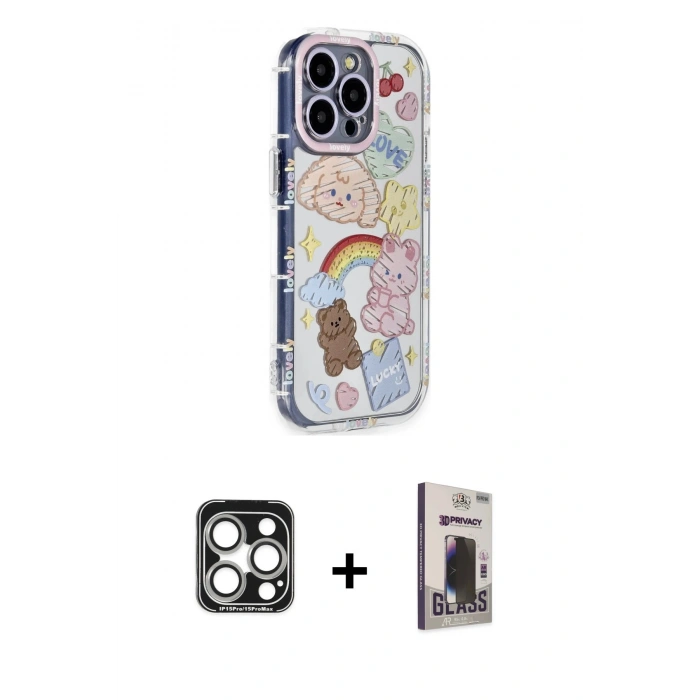 MARSİLYAN™- iPhone 15 Pro Max Kılıf Ahenk Modern Serisi - Siyah Bilvis Hayalet Cam Ekran Koruyucu + PVD Metal Kamera Lens - GS