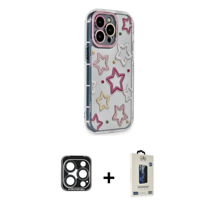 MARSİLYAN™- iPhone 15 Pro Max Kılıf Ahenk Modern Serisi - Siyah Bilvis Hayalet Cam Ekran Koruyucu + PVD Metal Kamera Lens - LT