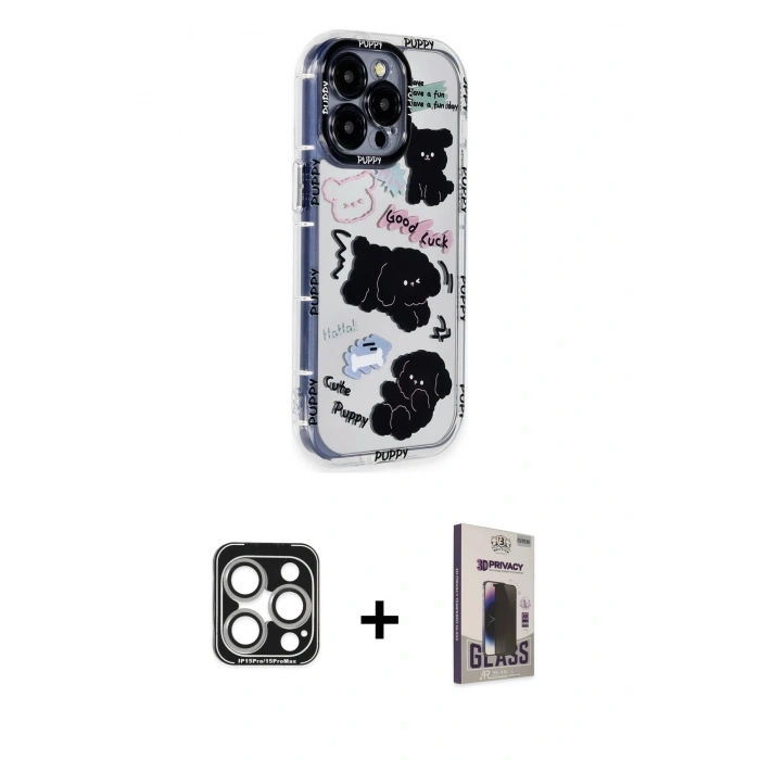 MARSİLYAN™- iPhone 15 Pro Max Kılıf Ahenk Modern Serisi - Siyah Bilvis Hayalet Cam Ekran Koruyucu + PVD Metal Kamera Lens - GS