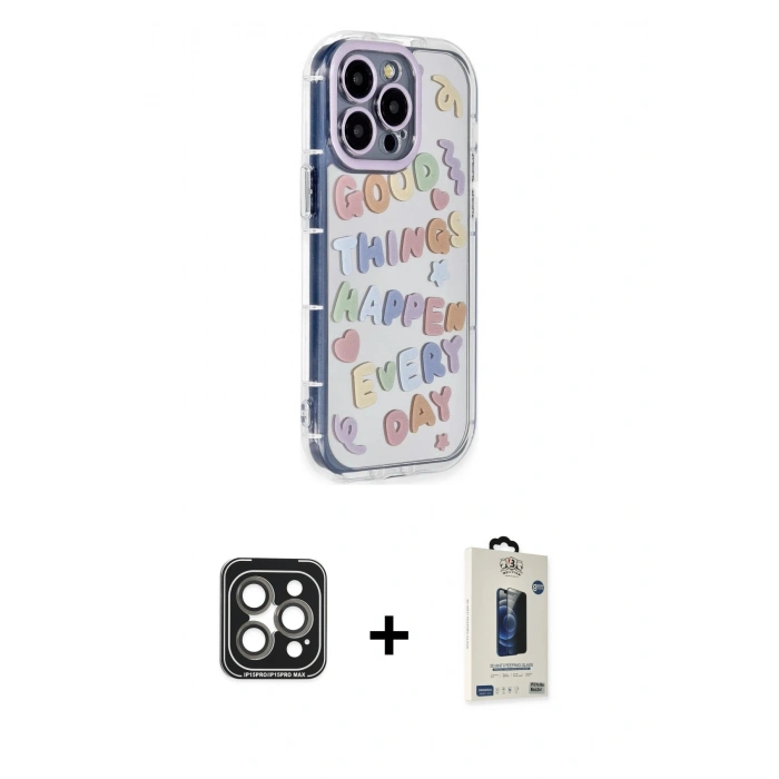 MARSİLYAN™- iPhone 15 Pro Max Kılıf Ahenk Modern Serisi - Siyah Bilvis Hayalet Cam Ekran Koruyucu + PVD Metal Kamera Lens - GI