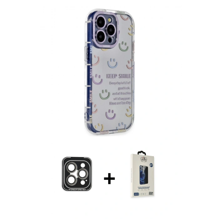 MARSİLYAN™- iPhone 15 Pro Max Kılıf Ahenk Modern Serisi - Siyah Bilvis Hayalet Cam Ekran Koruyucu + PVD Metal Kamera Lens - GI