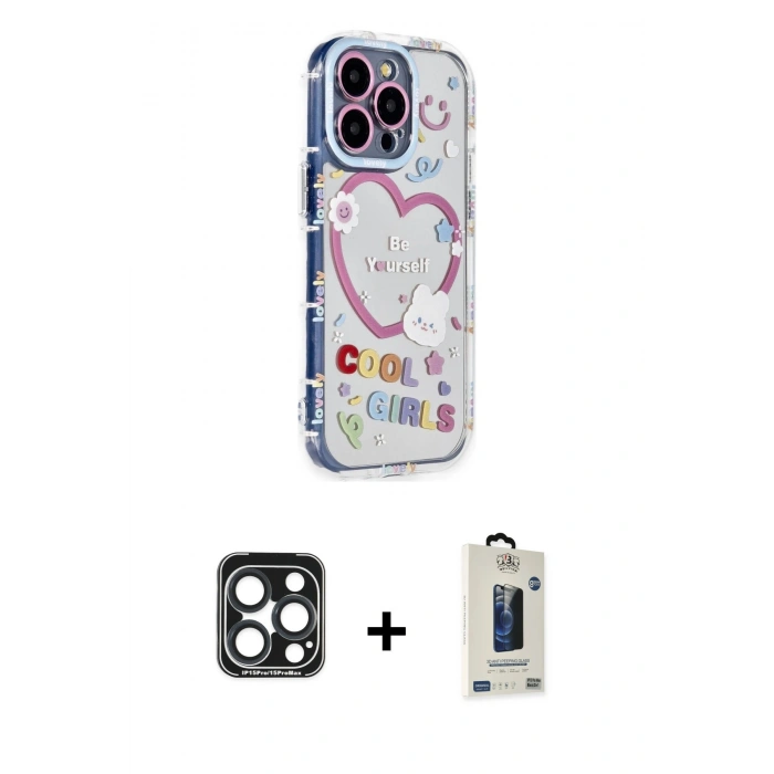 MARSİLYAN™- iPhone 15 Pro Max Kılıf Ahenk Modern Serisi - Siyah Bilvis Hayalet Cam Ekran Koruyucu + PVD Metal Kamera Lens - LT