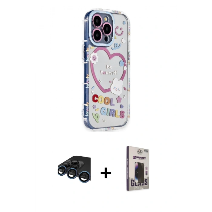 MARSİLYAN™- iPhone 15 Pro Max Kılıf Ahenk Modern Serisi - Siyah Bilvis Hayalet Cam Ekran Koruyucu + Raze Metal Kamera Lens - LT