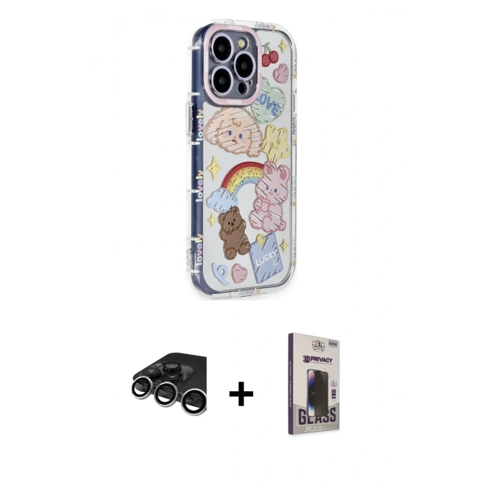 MARSİLYAN™- iPhone 15 Pro Max Kılıf Ahenk Modern Serisi - Siyah Bilvis Hayalet Cam Ekran Koruyucu + Raze Metal Kamera Lens - GS
