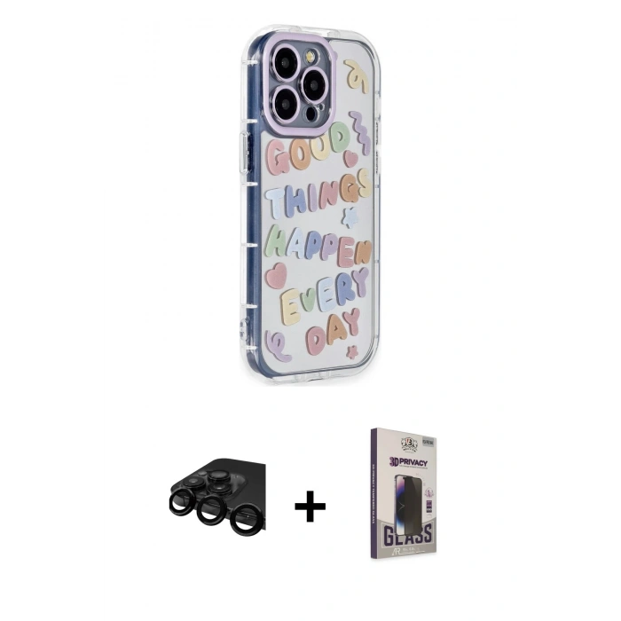 MARSİLYAN™- iPhone 15 Pro Max Kılıf Ahenk Modern Serisi - Siyah Bilvis Hayalet Cam Ekran Koruyucu + Raze Metal Kamera Lens - SH