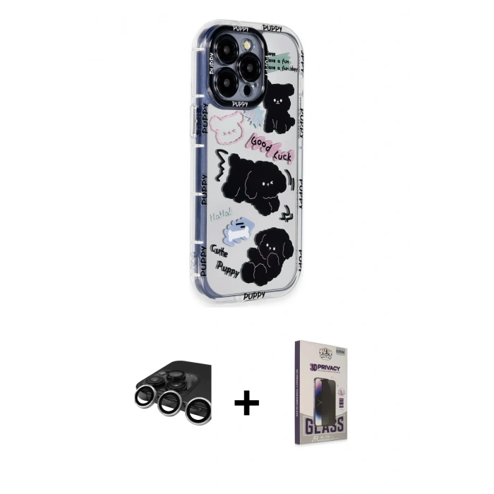 MARSİLYAN™- iPhone 15 Pro Max Kılıf Ahenk Modern Serisi - Siyah Bilvis Hayalet Cam Ekran Koruyucu + Raze Metal Kamera Lens - GS