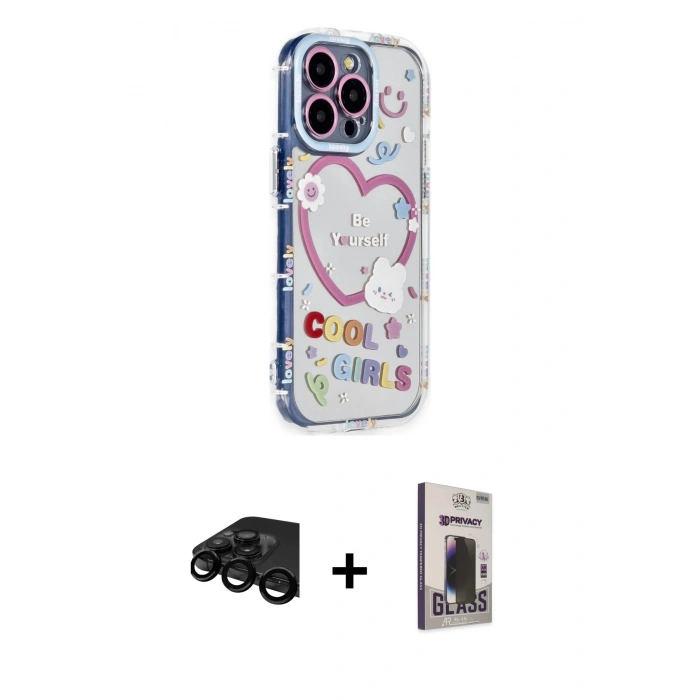 MARSİLYAN™- iPhone 15 Pro Max Kılıf Ahenk Modern Serisi - Siyah Bilvis Hayalet Cam Ekran Koruyucu + Raze Metal Kamera Lens - SH