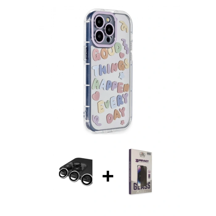 MARSİLYAN™- iPhone 15 Pro Max Kılıf Ahenk Modern Serisi - Siyah Bilvis Hayalet Cam Ekran Koruyucu + Raze Metal Kamera Lens - GS