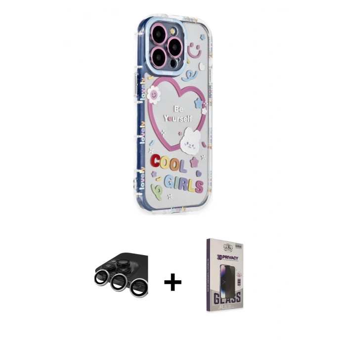 MARSİLYAN™- iPhone 15 Pro Max Kılıf Ahenk Modern Serisi - Siyah Bilvis Hayalet Cam Ekran Koruyucu + Raze Metal Kamera Lens - GS