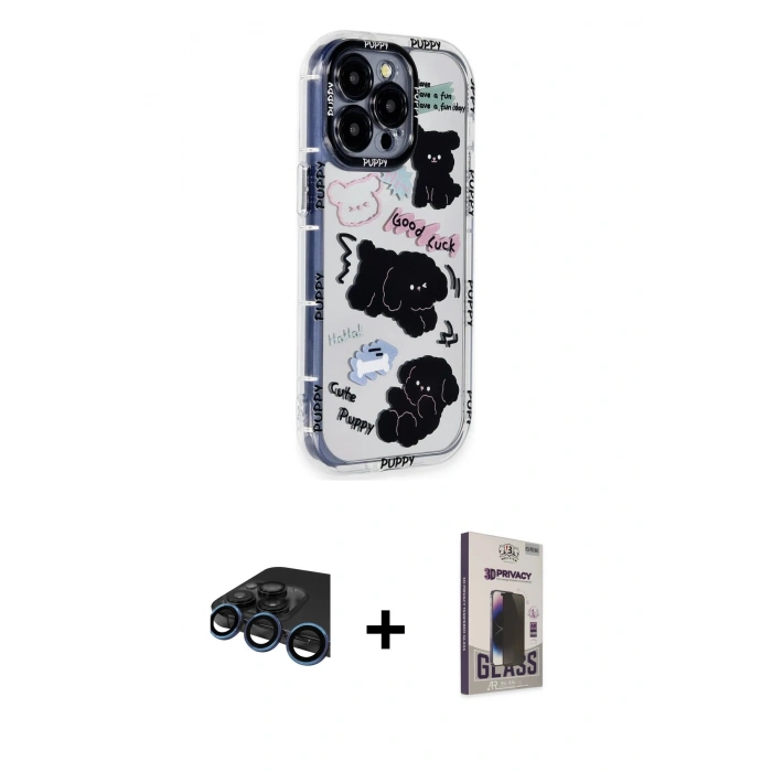 MARSİLYAN™- iPhone 15 Pro Max Kılıf Ahenk Modern Serisi - Siyah Bilvis Hayalet Cam Ekran Koruyucu + Raze Metal Kamera Lens - LT