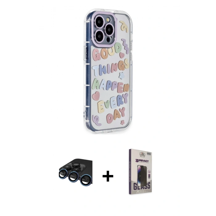 MARSİLYAN™- iPhone 15 Pro Max Kılıf Ahenk Modern Serisi - Siyah Bilvis Hayalet Cam Ekran Koruyucu + Raze Metal Kamera Lens - LT