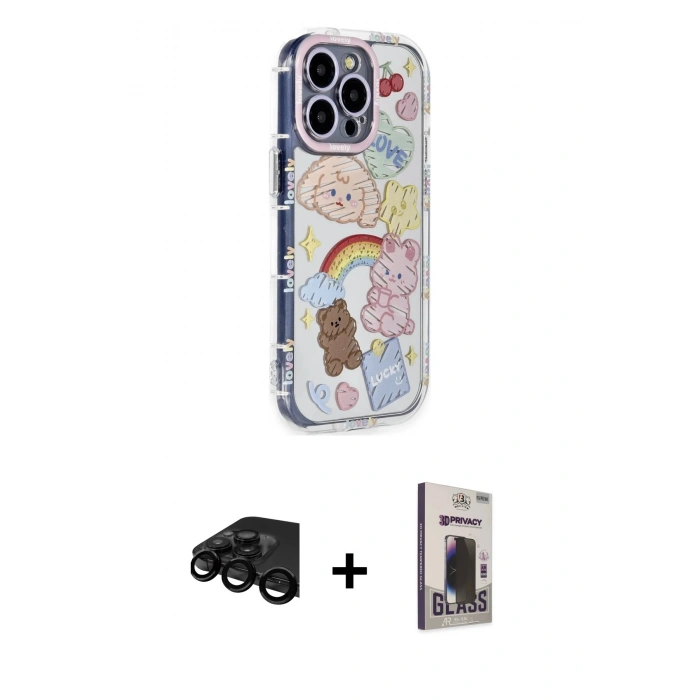 MARSİLYAN™- iPhone 15 Pro Max Kılıf Ahenk Modern Serisi - Siyah Bilvis Hayalet Cam Ekran Koruyucu + Raze Metal Kamera Lens - SH