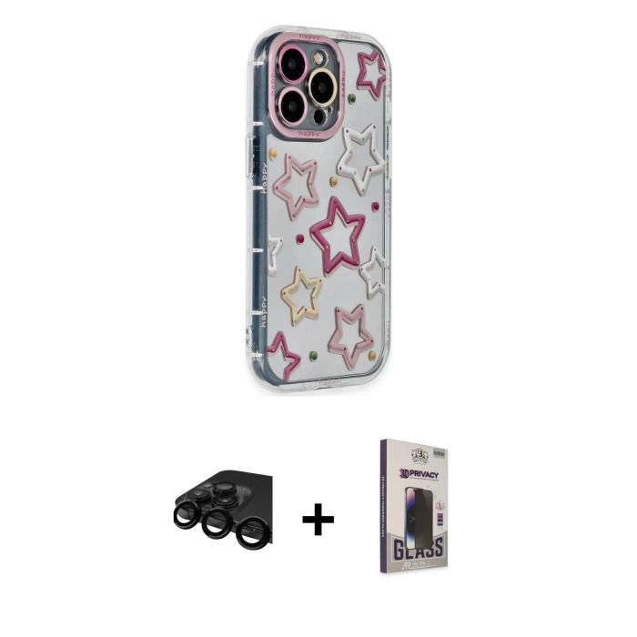 MARSİLYAN™- iPhone 15 Pro Max Kılıf Ahenk Modern Serisi - Siyah Bilvis Hayalet Cam Ekran Koruyucu + Raze Metal Kamera Lens - SH