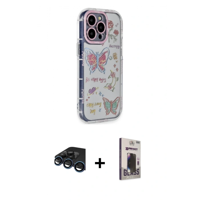 MARSİLYAN™- iPhone 15 Pro Max Kılıf Ahenk Modern Serisi - Siyah Bilvis Hayalet Cam Ekran Koruyucu + Raze Metal Kamera Lens - LT