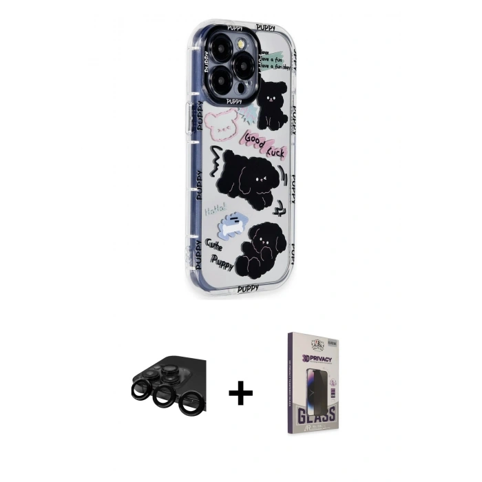 MARSİLYAN™- iPhone 15 Pro Max Kılıf Ahenk Modern Serisi - Siyah Bilvis Hayalet Cam Ekran Koruyucu + Raze Metal Kamera Lens - SH