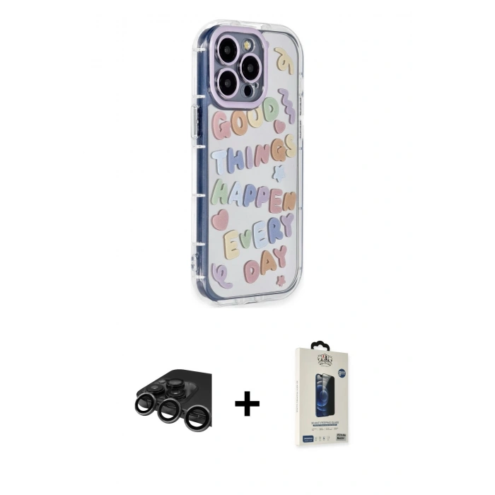 MARSİLYAN™- iPhone 15 Pro Max Kılıf Ahenk Modern Serisi - Siyah Bilvis Hayalet Cam Ekran Koruyucu + Raze Metal Kamera Lens - TMGI