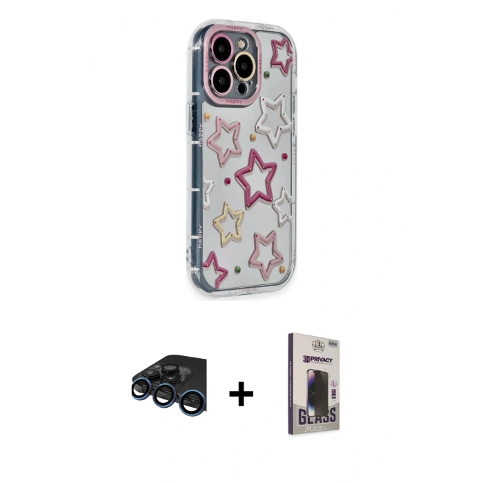 MARSİLYAN™- iPhone 15 Pro Max Kılıf Ahenk Modern Serisi - Siyah Bilvis Hayalet Cam Ekran Koruyucu + Raze Metal Kamera Lens - LT