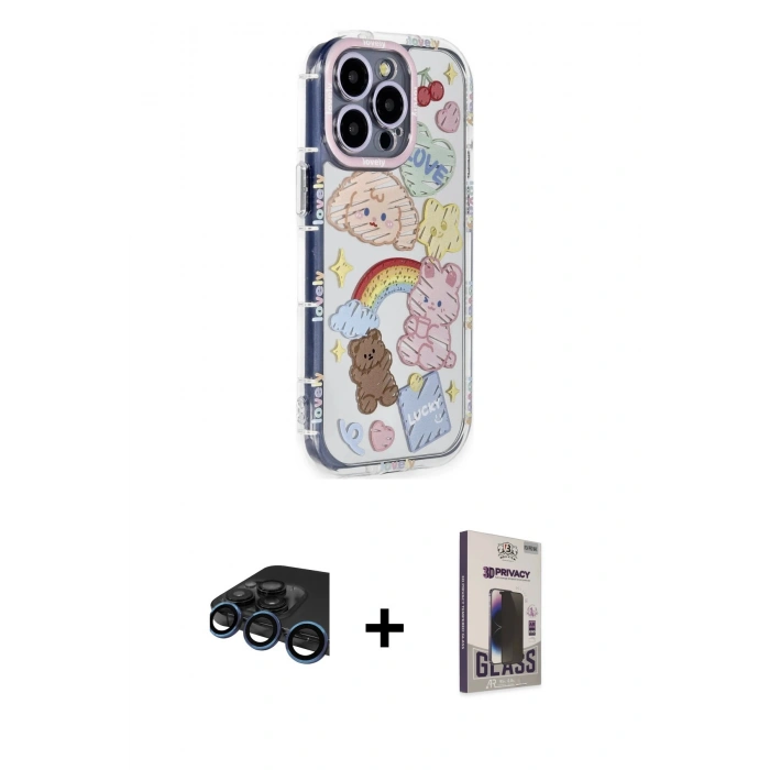 MARSİLYAN™- iPhone 15 Pro Max Kılıf Ahenk Modern Serisi - Siyah Bilvis Hayalet Cam Ekran Koruyucu + Raze Metal Kamera Lens - LT