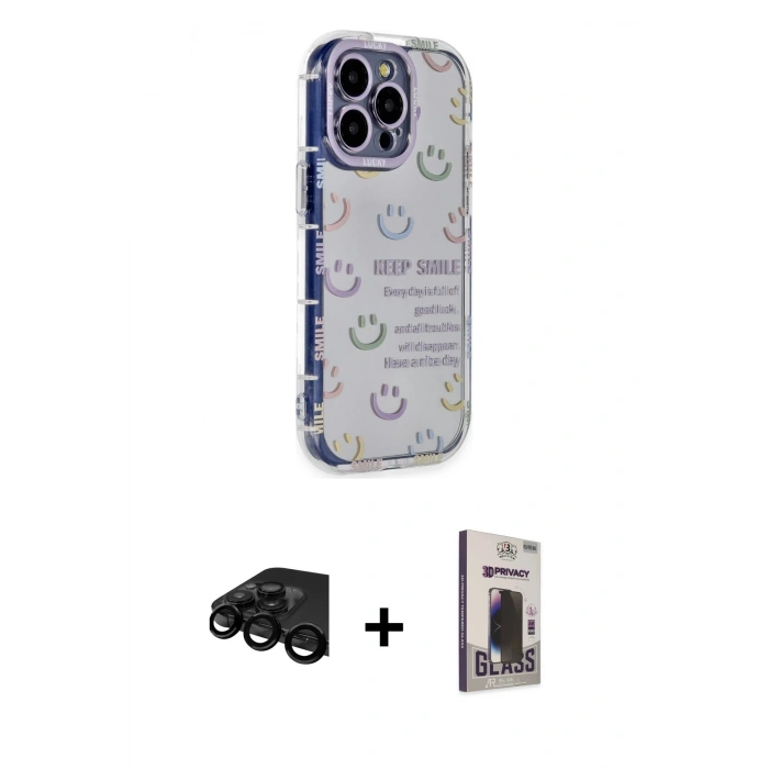 MARSİLYAN™- iPhone 15 Pro Max Kılıf Ahenk Modern Serisi - Siyah Bilvis Hayalet Cam Ekran Koruyucu + Raze Metal Kamera Lens - SH