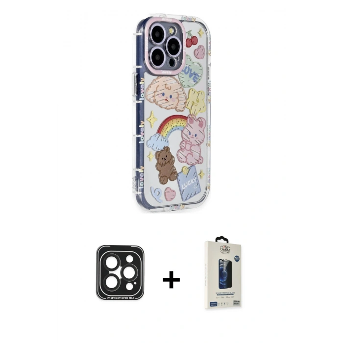 MARSİLYAN™- iPhone 15 Pro Max Kılıf Ahenk Modern Serisi - Siyah Bilvis Hayalet Cam Ekran Koruyucu + Siyah PVD Metal Kamera Lens