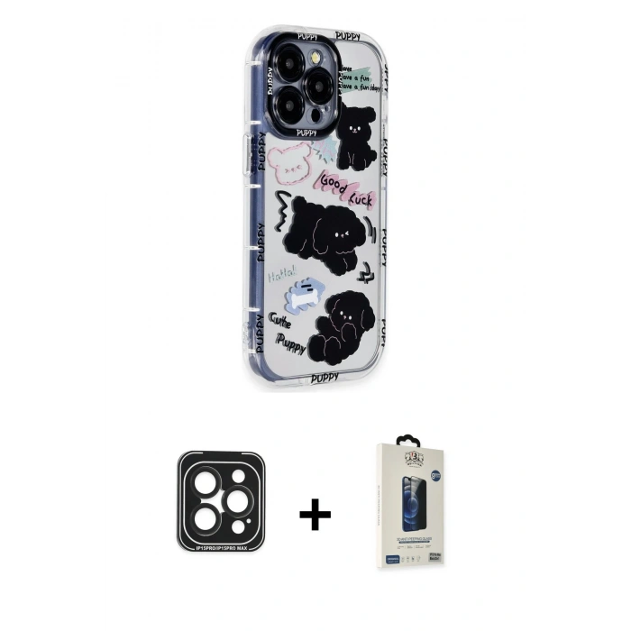 MARSİLYAN™- iPhone 15 Pro Max Kılıf Ahenk Modern Serisi - Siyah Bilvis Hayalet Cam Ekran Koruyucu + Siyah PVD Metal Kamera Lens