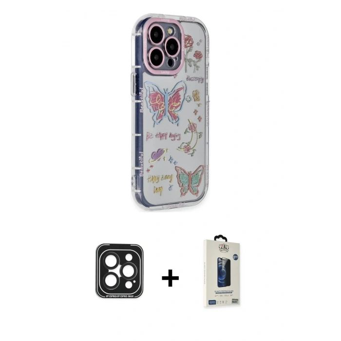 MARSİLYAN™- iPhone 15 Pro Max Kılıf Ahenk Modern Serisi - Siyah Bilvis Hayalet Cam Ekran Koruyucu + Siyah PVD Metal Kamera Lens
