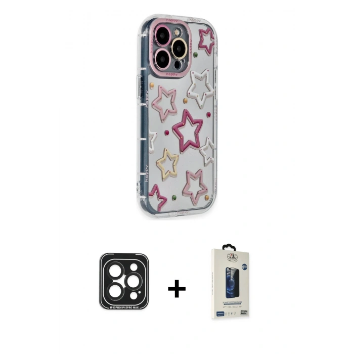 MARSİLYAN™- iPhone 15 Pro Max Kılıf Ahenk Modern Serisi - Siyah Bilvis Hayalet Cam Ekran Koruyucu + Siyah PVD Metal Kamera Lens