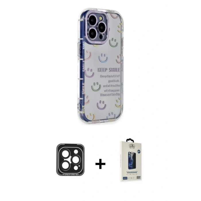 MARSİLYAN™- iPhone 15 Pro Max Kılıf Ahenk Modern Serisi - Siyah Bilvis Hayalet Cam Ekran Koruyucu + Siyah PVD Metal Kamera Lens