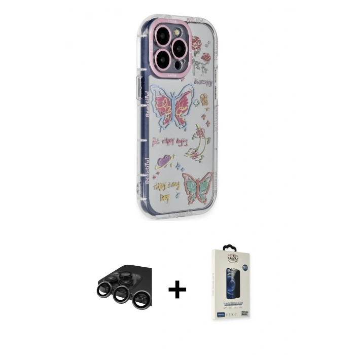 MARSİLYAN™- iPhone 15 Pro Max Kılıf Ahenk Modern Serisi - Siyah Bilvis Hayalet Cam Ekran Koruyucu + Raze Metal Kamera Lens - TMGI