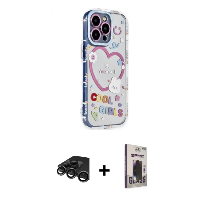 MARSİLYAN™- iPhone 15 Pro Max Kılıf Ahenk Modern Serisi - Siyah Bilvis Hayalet Cam Ekran Koruyucu + Raze Metal Kamera Lens - TMGI