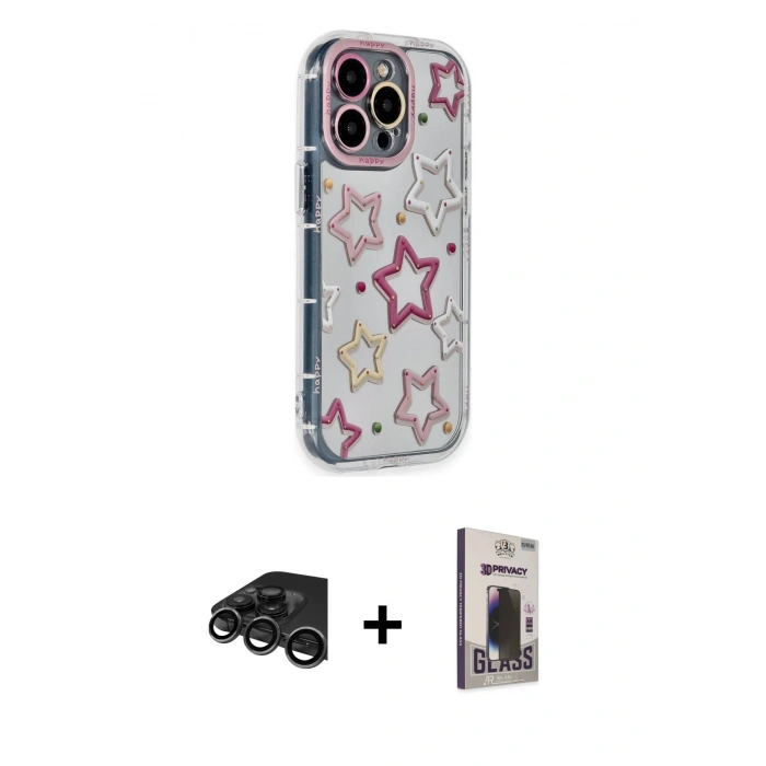 MARSİLYAN™- iPhone 15 Pro Max Kılıf Ahenk Modern Serisi - Siyah Bilvis Hayalet Cam Ekran Koruyucu + Raze Metal Kamera Lens - TMGI