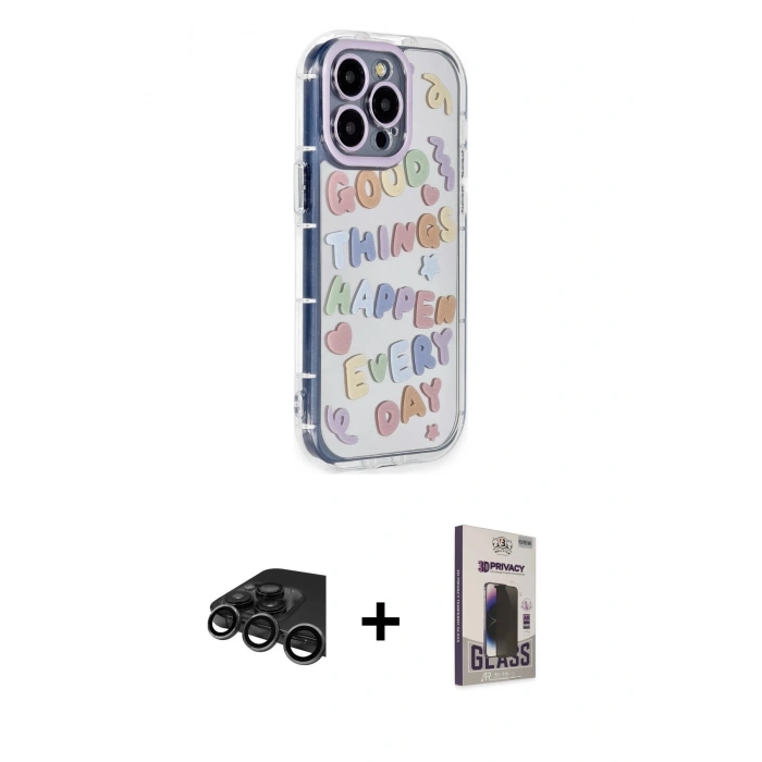 MARSİLYAN™- iPhone 15 Pro Max Kılıf Ahenk Modern Serisi - Siyah Bilvis Hayalet Cam Ekran Koruyucu + Raze Metal Kamera Lens - TMGI