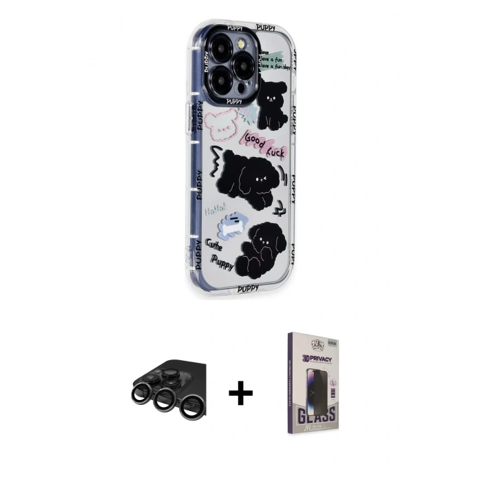 MARSİLYAN™- iPhone 15 Pro Max Kılıf Ahenk Modern Serisi - Siyah Bilvis Hayalet Cam Ekran Koruyucu + Raze Metal Kamera Lens - TMGI