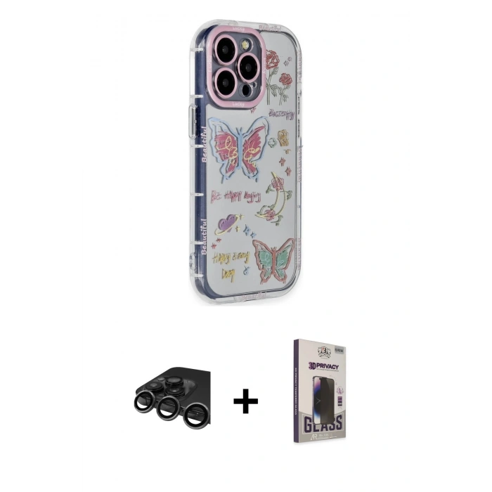 MARSİLYAN™- iPhone 15 Pro Max Kılıf Ahenk Modern Serisi - Siyah Bilvis Hayalet Cam Ekran Koruyucu + Raze Metal Kamera Lens - TMGI