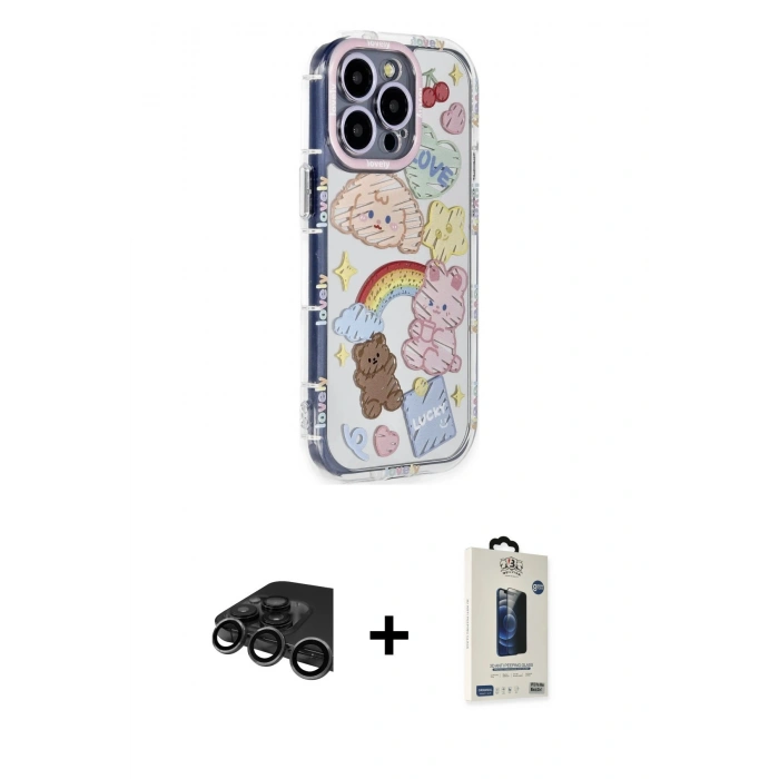 MARSİLYAN™- iPhone 15 Pro Max Kılıf Ahenk Modern Serisi - Siyah Bilvis Hayalet Cam Ekran Koruyucu + Raze Metal Kamera Lens - TMGI