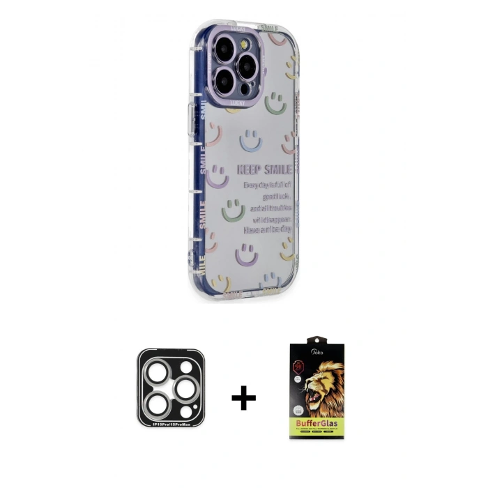 MARSİLYAN™- iPhone 15 Pro Max Kılıf Ahenk Modern Serisi - Siyah Buffer Cam Ekran Koruyucu + PVD Metal Kamera Lens - GS