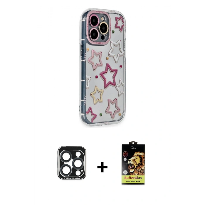 MARSİLYAN™- iPhone 15 Pro Max Kılıf Ahenk Modern Serisi - Siyah Buffer Cam Ekran Koruyucu + PVD Metal Kamera Lens - LT