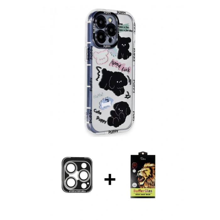 MARSİLYAN™- iPhone 15 Pro Max Kılıf Ahenk Modern Serisi - Siyah Buffer Cam Ekran Koruyucu + PVD Metal Kamera Lens - GS